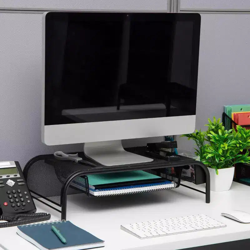 Supporto per Monitor in Rete Metallica Nera con Contenitore, Set da 2