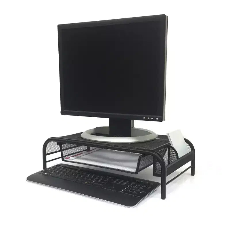 Supporto per Monitor in Rete Metallica Nera con Contenitore, Set da 2