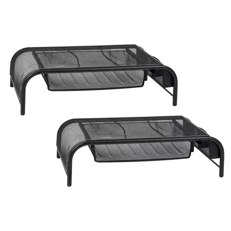 Supporto per Monitor in Rete Metallica Nera con Contenitore, Set da 2
