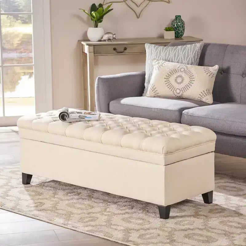 Panca contenitore/Pouf beige/grigio, imbottito, 1 persona
