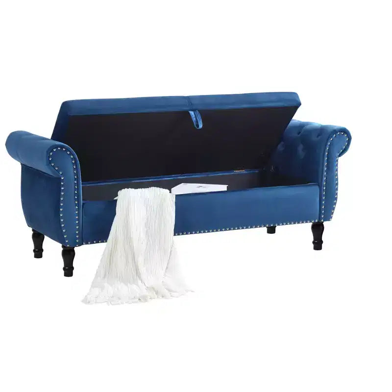 Panchina portaoggetti trapuntata in velluto beige/nero/blu/grigio con finiture borchiate, gambe in legno e cuscino – 1 persona