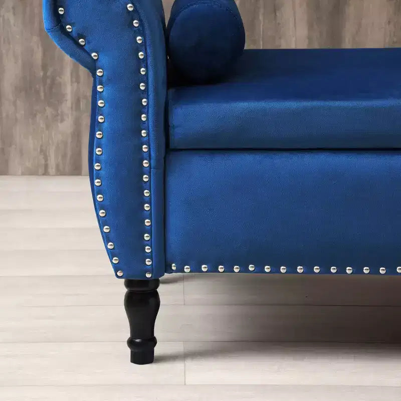 Panchina portaoggetti trapuntata in velluto beige/nero/blu/grigio con finiture borchiate, gambe in legno e cuscino – 1 persona