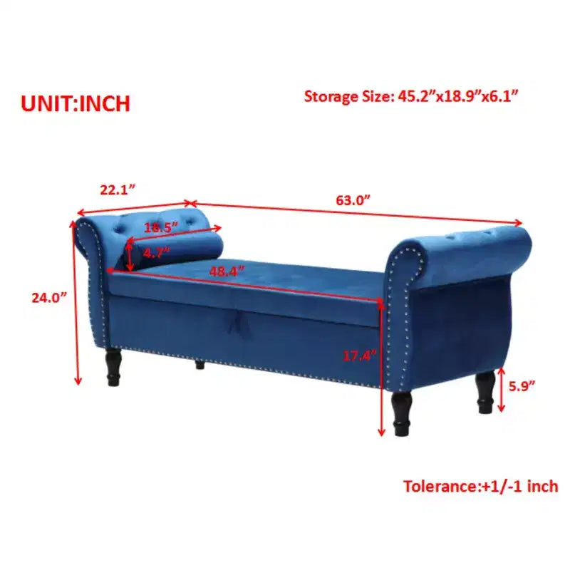 Panchina portaoggetti trapuntata in velluto beige/nero/blu/grigio con finiture borchiate, gambe in legno e cuscino – 1 persona