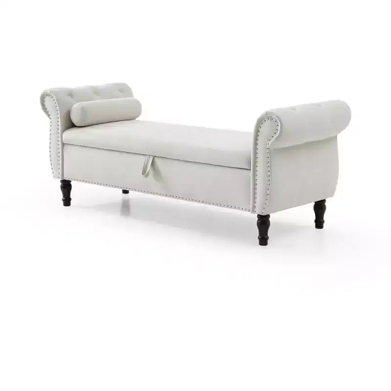 Panchina portaoggetti trapuntata in velluto beige/nero/blu/grigio con finiture borchiate, gambe in legno e cuscino – 1 persona