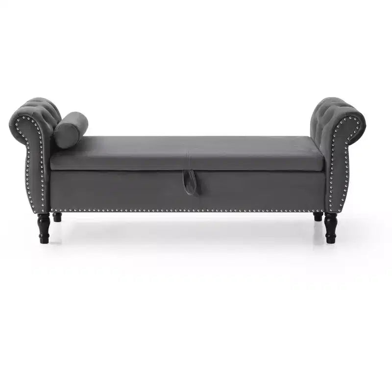 Panchina portaoggetti trapuntata in velluto beige/nero/blu/grigio con finiture borchiate, gambe in legno e cuscino – 1 persona