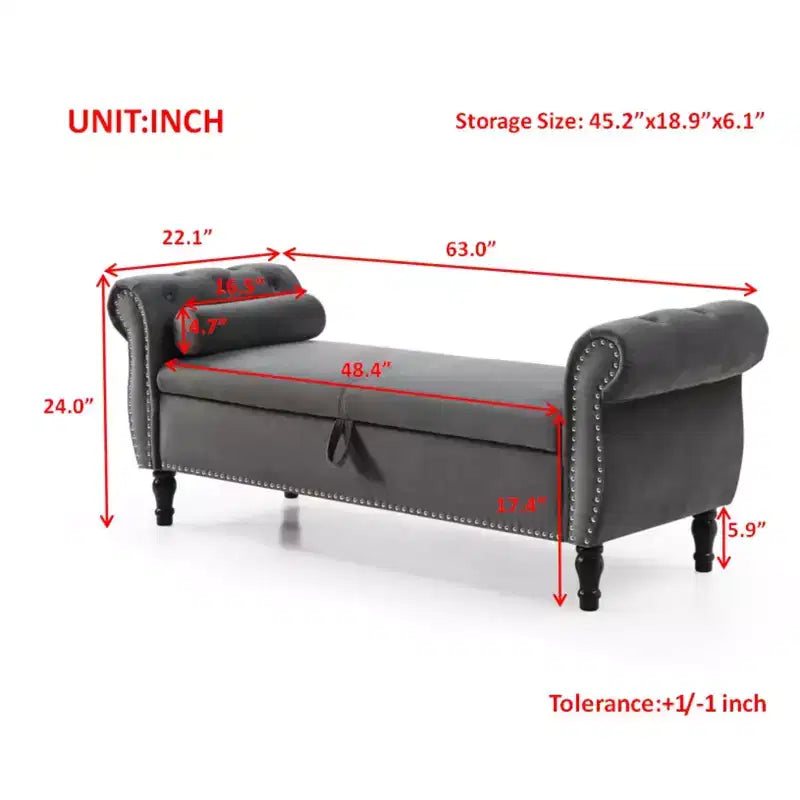 Panchina portaoggetti trapuntata in velluto beige/nero/blu/grigio con finiture borchiate, gambe in legno e cuscino – 1 persona