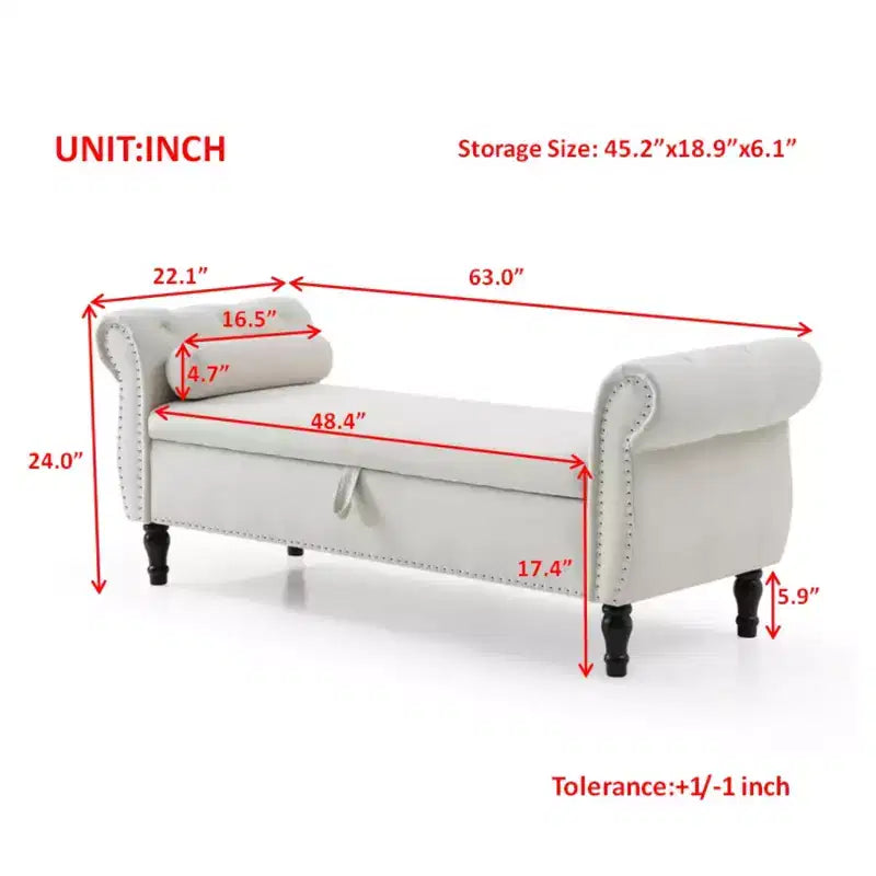 Panchina portaoggetti trapuntata in velluto beige/nero/blu/grigio con finiture borchiate, gambe in legno e cuscino – 1 persona