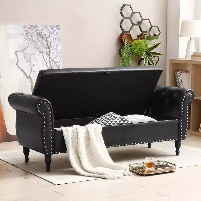 Panchina portaoggetti trapuntata in velluto beige/nero/blu/grigio con finiture borchiate, gambe in legno e cuscino – 1 persona