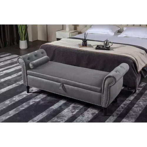 TUYOHW Velvet Storage Bench with Buttons Tufted and Nailhead Decoration, Storage Ottoman with Wood Legs and 1 Pillow, End Of Bed Storage Bench