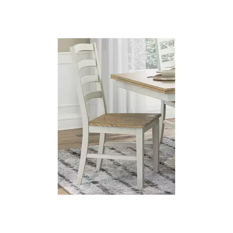 Sedie da pranzo con schienale a pioli, sedile in legno marrone e bianco anticato, set da 2