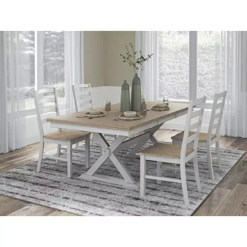 Sedie da pranzo con schienale a pioli, sedile in legno marrone e bianco anticato, set da 2