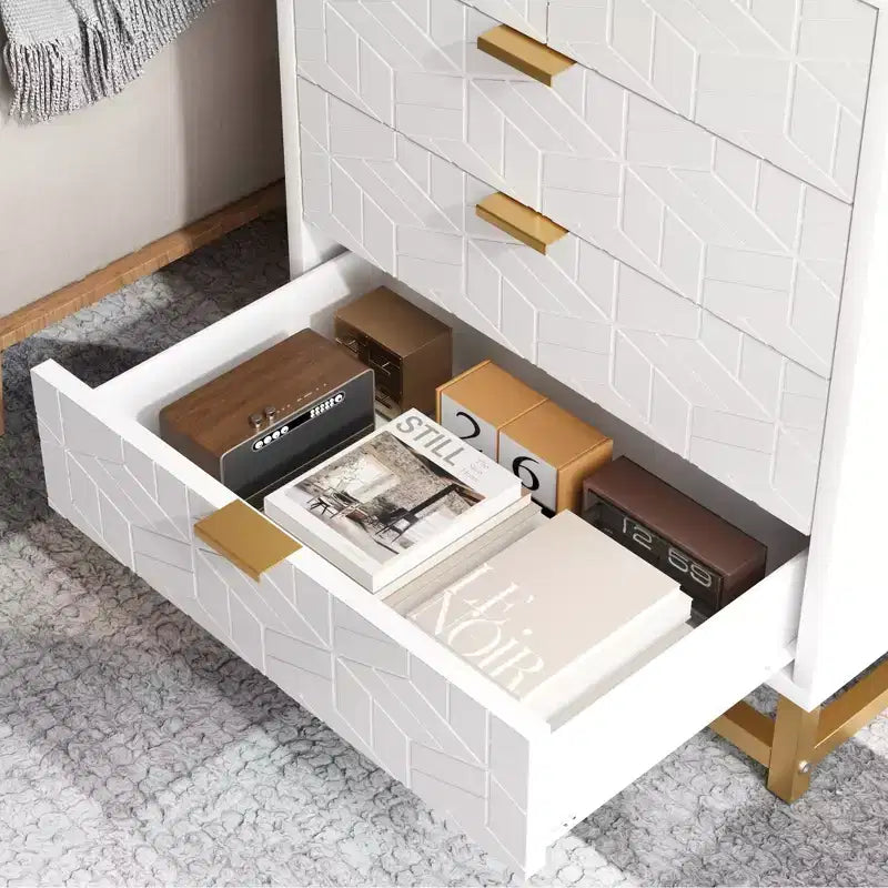 Cassettiera bianca a 5 cassetti, Comò portaoggetti in legno