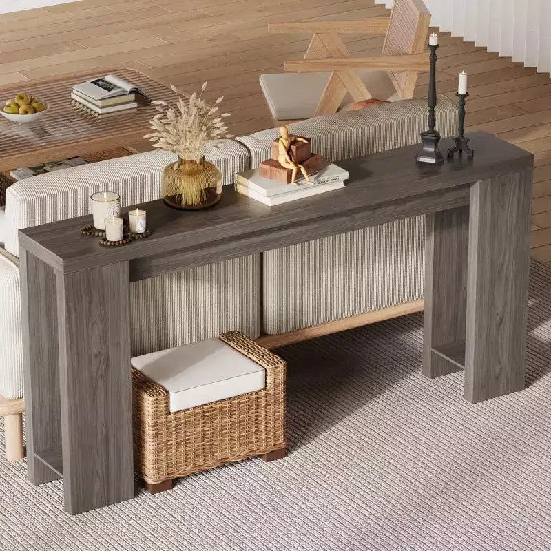 Tavolo console rettangolare stretto marrone/grigio/quercia, montaggio 1 persona, 180 cm L