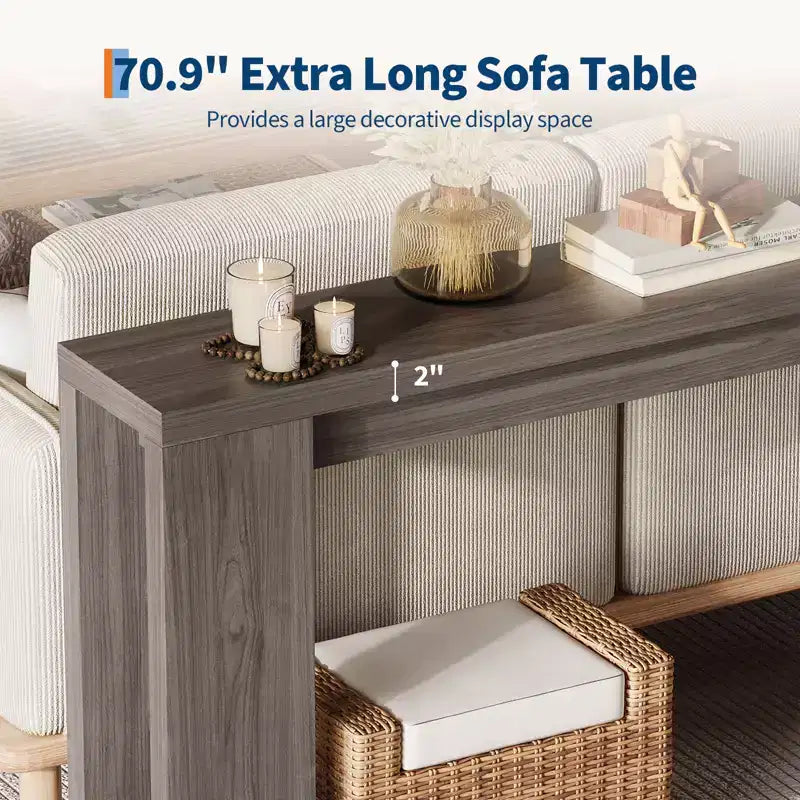 Tavolo console rettangolare stretto marrone/grigio/quercia, montaggio 1 persona, 180 cm L