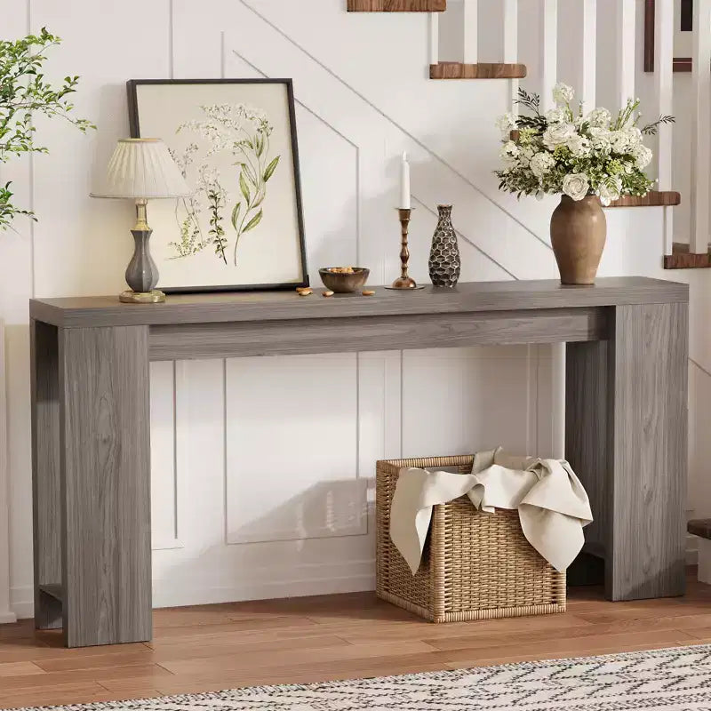 Tavolo console rettangolare stretto marrone/grigio/quercia, montaggio 1 persona, 180 cm L