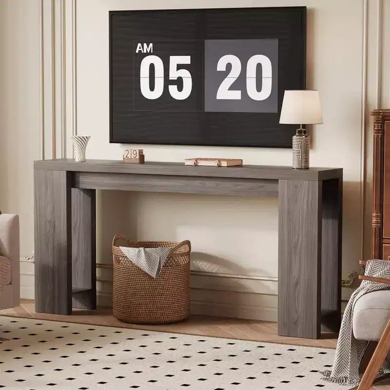 Tavolo console rettangolare stretto marrone/grigio/quercia, montaggio 1 persona, 180 cm L