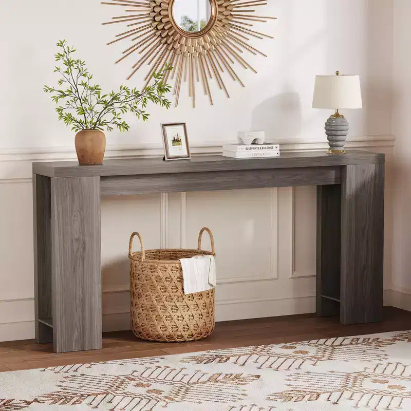 Tavolo console rettangolare stretto marrone/grigio/quercia, montaggio 1 persona, 180 cm L