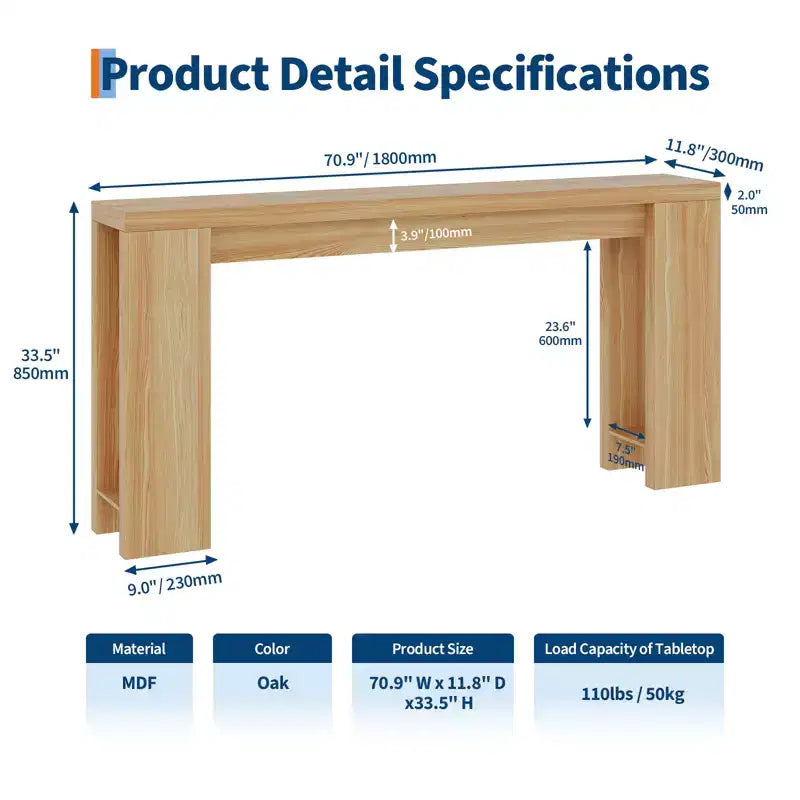 Tavolo console rettangolare stretto marrone/grigio/quercia, montaggio 1 persona, 180 cm L