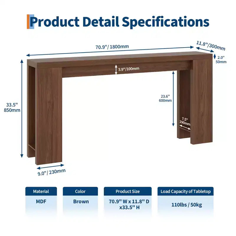 Tavolo console rettangolare stretto marrone/grigio/quercia, montaggio 1 persona, 180 cm L