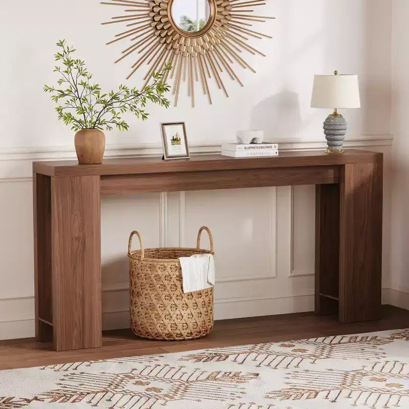 Tavolo console rettangolare stretto marrone/grigio/quercia, montaggio 1 persona, 180 cm L