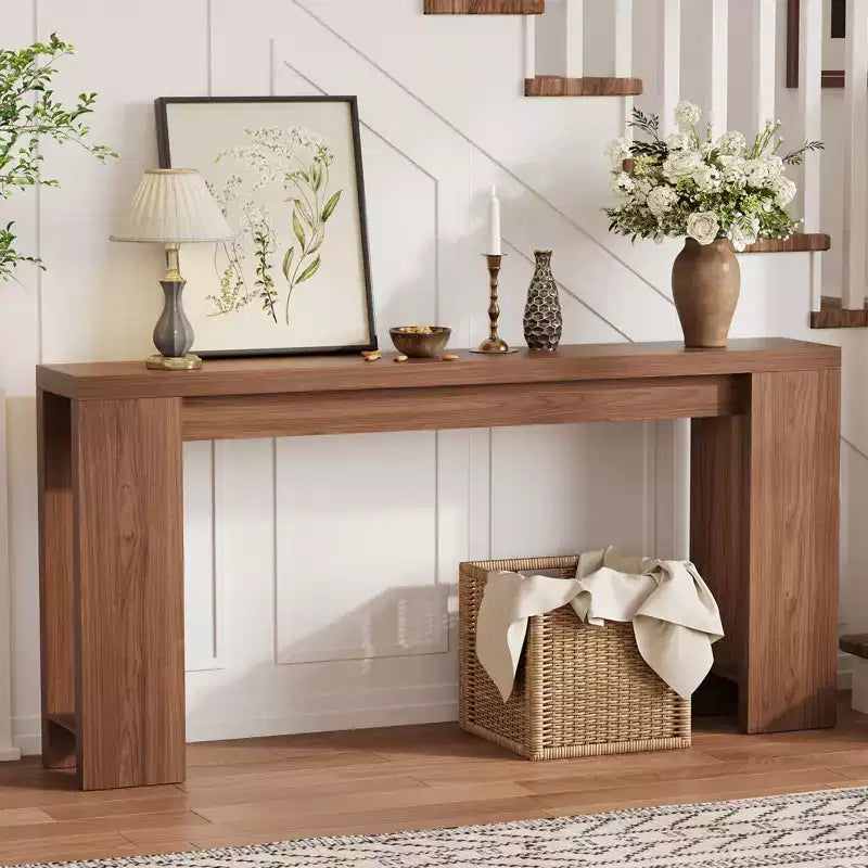 Tavolo console rettangolare stretto marrone/grigio/quercia, montaggio 1 persona, 180 cm L