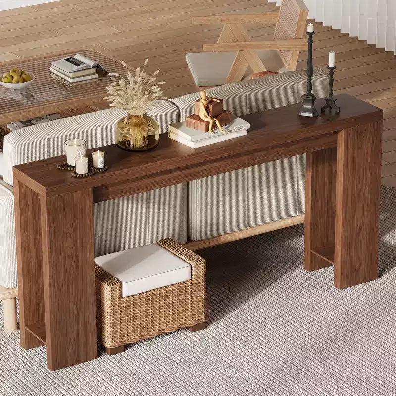 Tavolo console rettangolare stretto marrone/grigio/quercia, montaggio 1 persona, 180 cm L