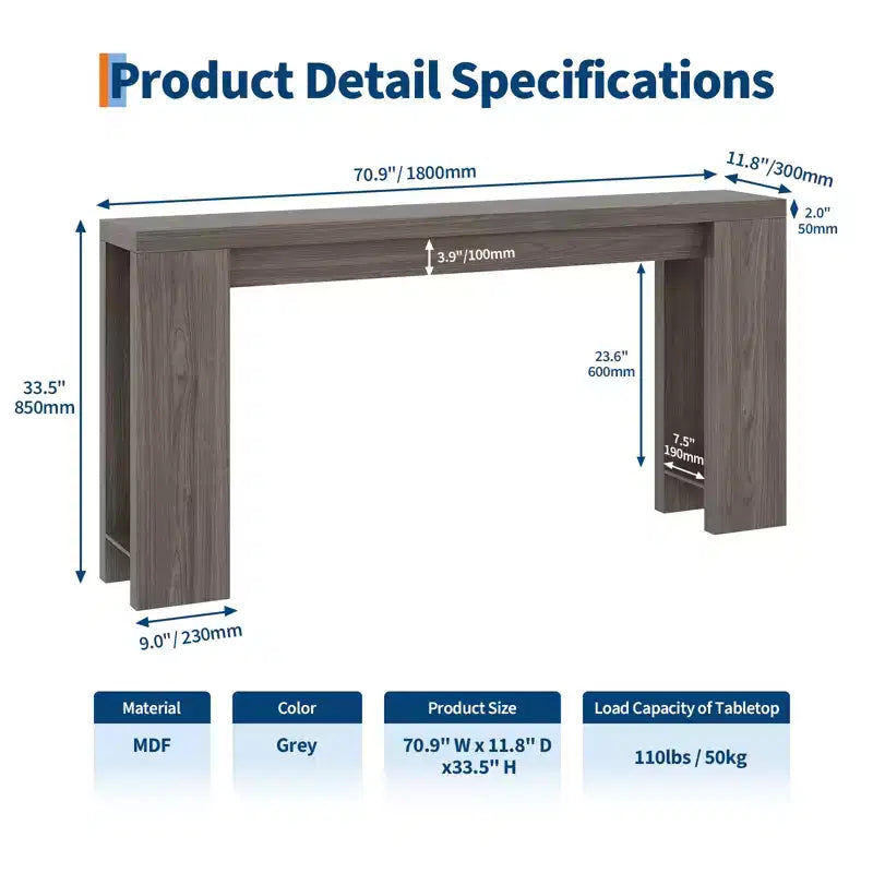 Tavolo console rettangolare stretto marrone/grigio/quercia, montaggio 1 persona, 180 cm L