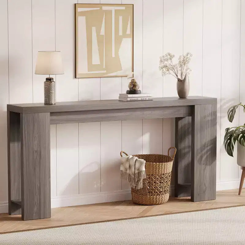 Tavolo console rettangolare stretto marrone/grigio/quercia, montaggio 1 persona, 180 cm L