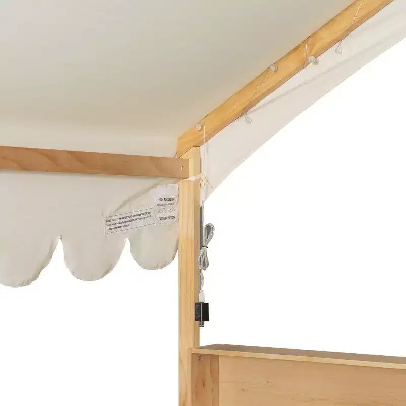 Beige Naturale / Rosa Bianco, Letto a Giorno a Pavimento a Forma di Casa con Recinzione e Ripiani, 1 Persona, Misura Matrimoniale