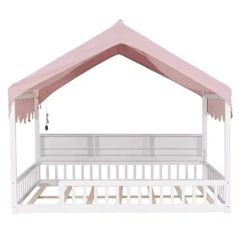 Beige Naturale / Rosa Bianco, Letto a Giorno a Pavimento a Forma di Casa con Recinzione e Ripiani, 1 Persona, Misura Matrimoniale