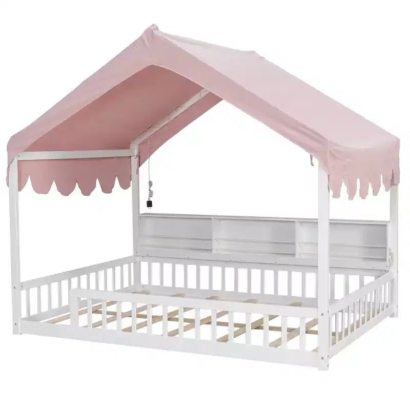 Beige Naturale / Rosa Bianco, Letto a Giorno a Pavimento a Forma di Casa con Recinzione e Ripiani, 1 Persona, Misura Matrimoniale
