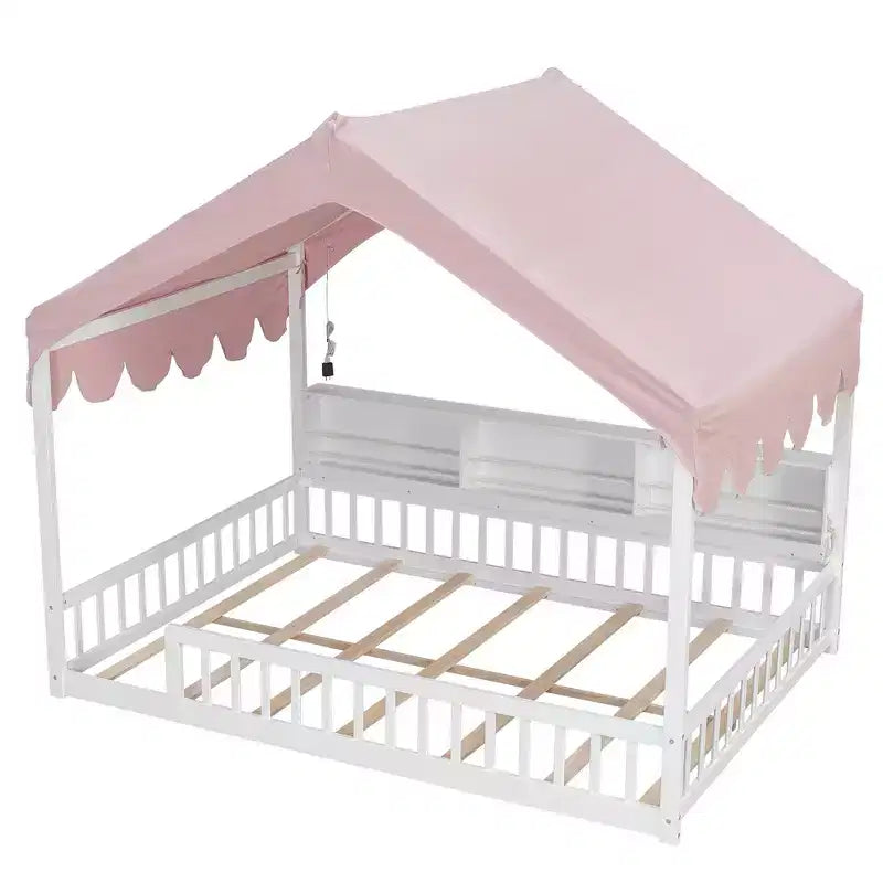 Beige Naturale / Rosa Bianco, Letto a Giorno a Pavimento a Forma di Casa con Recinzione e Ripiani, 1 Persona, Misura Matrimoniale