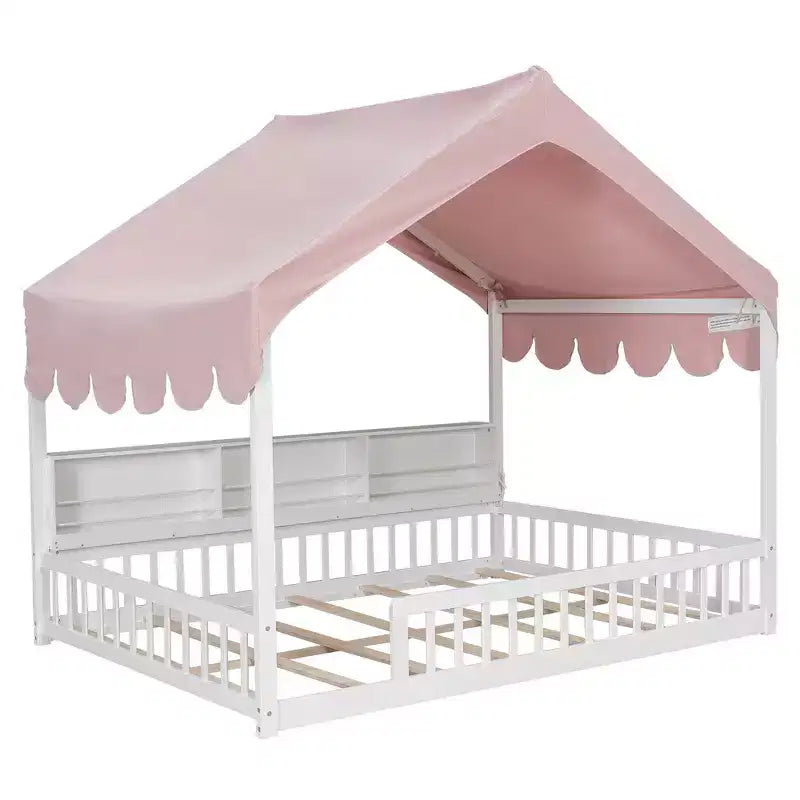 Beige Naturale / Rosa Bianco, Letto a Giorno a Pavimento a Forma di Casa con Recinzione e Ripiani, 1 Persona, Misura Matrimoniale