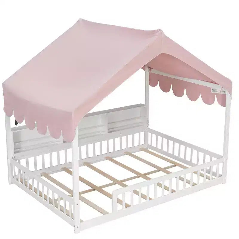 Beige Naturale / Rosa Bianco, Letto a Giorno a Pavimento a Forma di Casa con Recinzione e Ripiani, 1 Persona, Misura Matrimoniale