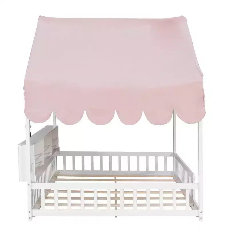 Beige Naturale / Rosa Bianco, Letto a Giorno a Pavimento a Forma di Casa con Recinzione e Ripiani, 1 Persona, Misura Matrimoniale