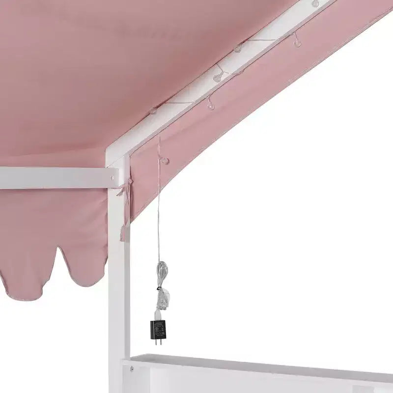 Beige Naturale / Rosa Bianco, Letto a Giorno a Pavimento a Forma di Casa con Recinzione e Ripiani, 1 Persona, Misura Matrimoniale