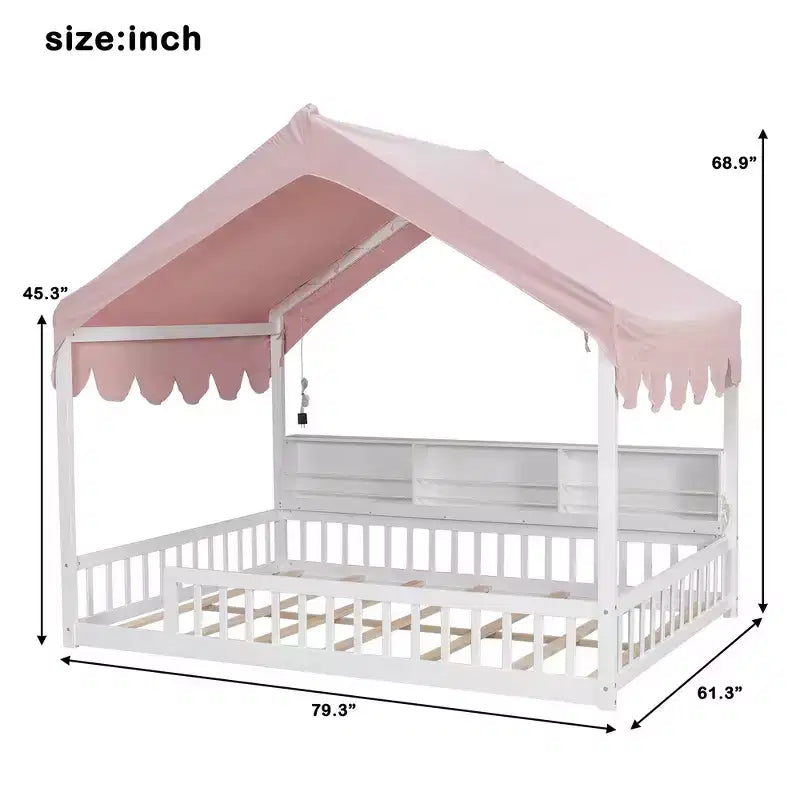 Beige Naturale / Rosa Bianco, Letto a Giorno a Pavimento a Forma di Casa con Recinzione e Ripiani, 1 Persona, Misura Matrimoniale