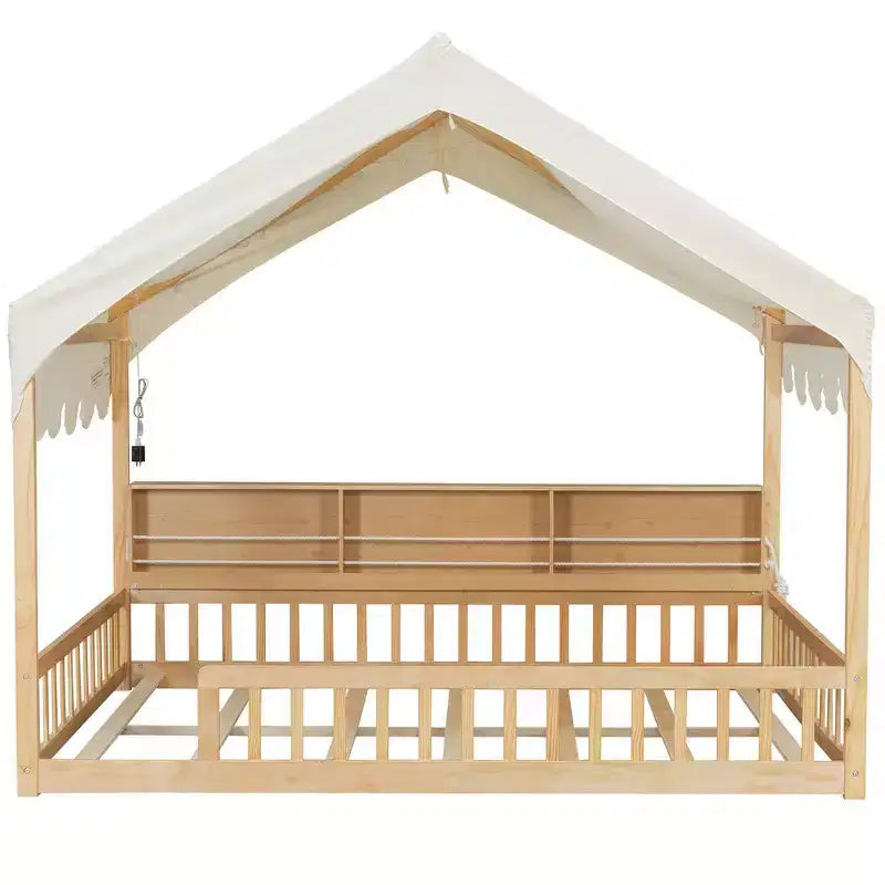 Beige Naturale / Rosa Bianco, Letto a Giorno a Pavimento a Forma di Casa con Recinzione e Ripiani, 1 Persona, Misura Matrimoniale