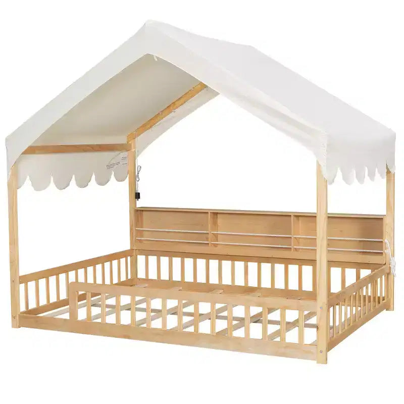Beige Naturale / Rosa Bianco, Letto a Giorno a Pavimento a Forma di Casa con Recinzione e Ripiani, 1 Persona, Misura Matrimoniale