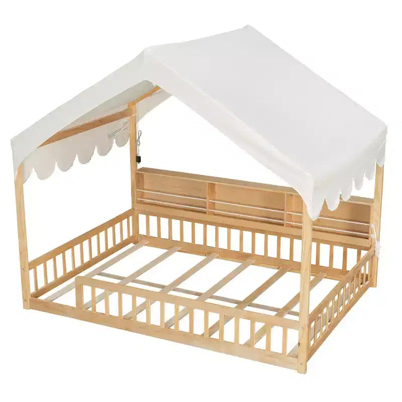 Beige Naturale / Rosa Bianco, Letto a Giorno a Pavimento a Forma di Casa con Recinzione e Ripiani, 1 Persona, Misura Matrimoniale