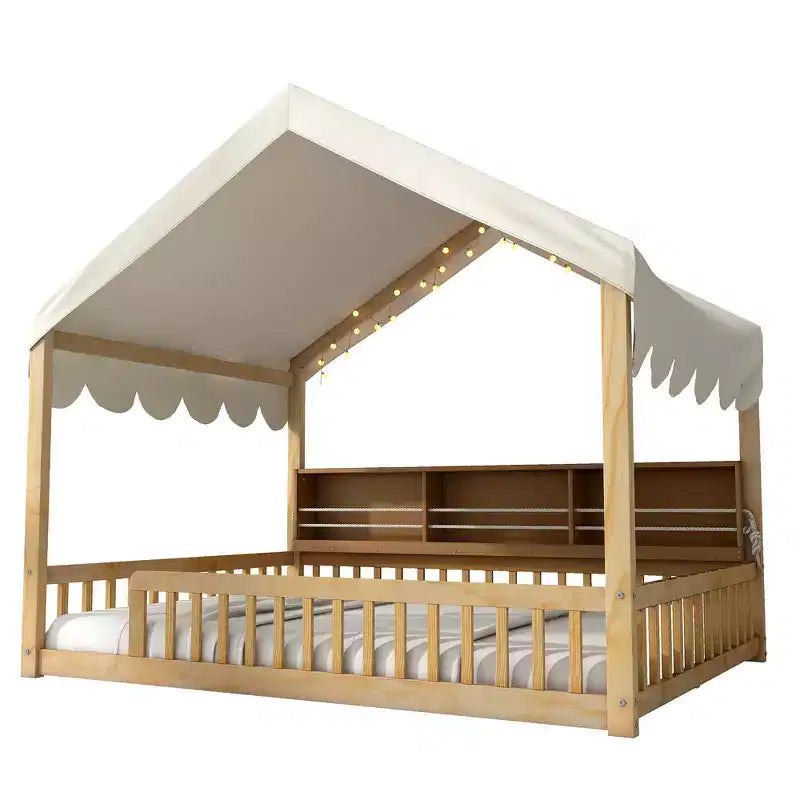 Beige Naturale / Rosa Bianco, Letto a Giorno a Pavimento a Forma di Casa con Recinzione e Ripiani, 1 Persona, Misura Matrimoniale
