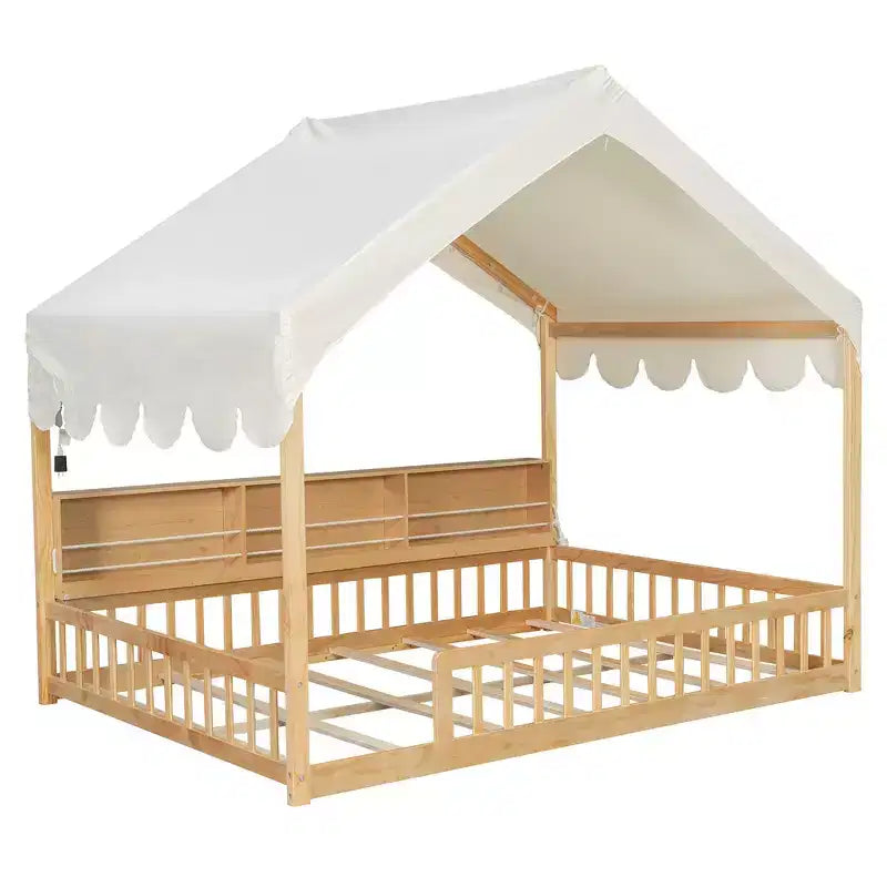 Beige Naturale / Rosa Bianco, Letto a Giorno a Pavimento a Forma di Casa con Recinzione e Ripiani, 1 Persona, Misura Matrimoniale