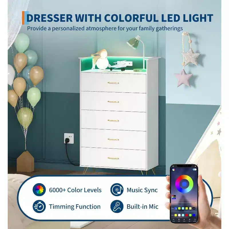 Cassettiera Smart a 5 Cassetti con LED RGB e Ricarica, Nero / Bianco, 1 Persona