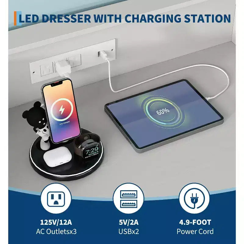 Cassettiera Smart a 5 Cassetti con LED RGB e Ricarica, Nero / Bianco, 1 Persona