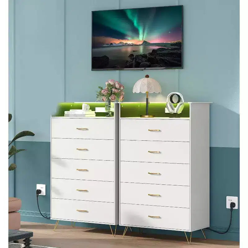 Cassettiera Smart a 5 Cassetti con LED RGB e Ricarica, Nero / Bianco, 1 Persona
