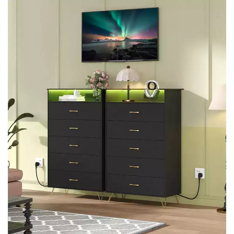 Cassettiera Smart a 5 Cassetti con LED RGB e Ricarica, Nero / Bianco, 1 Persona