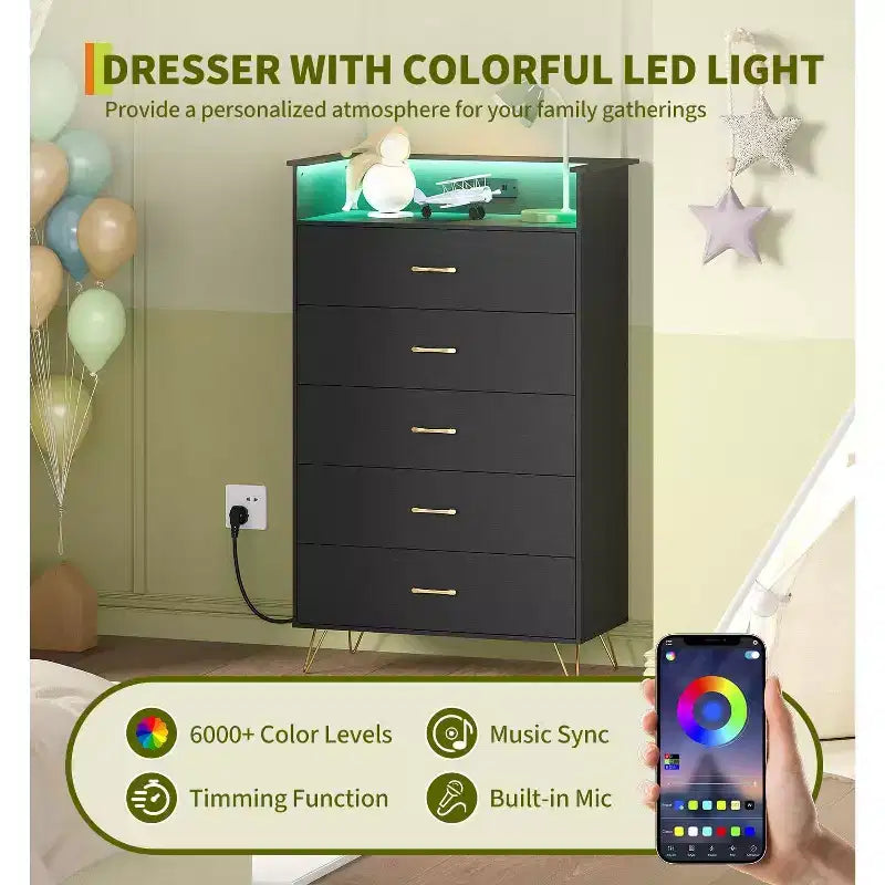 Cassettiera Smart a 5 Cassetti con LED RGB e Ricarica, Nero / Bianco, 1 Persona