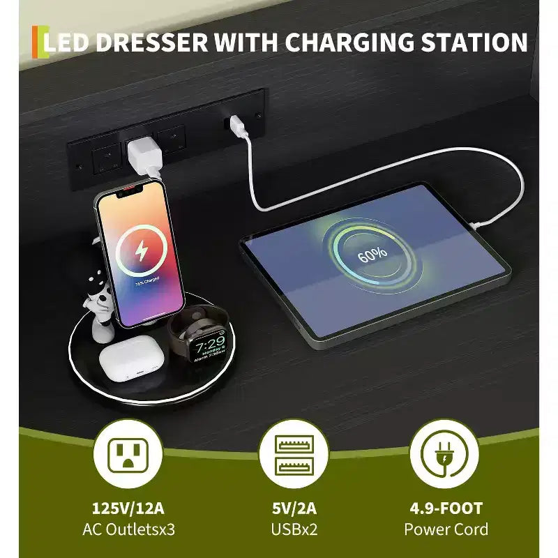 Cassettiera Smart a 5 Cassetti con LED RGB e Ricarica, Nero / Bianco, 1 Persona