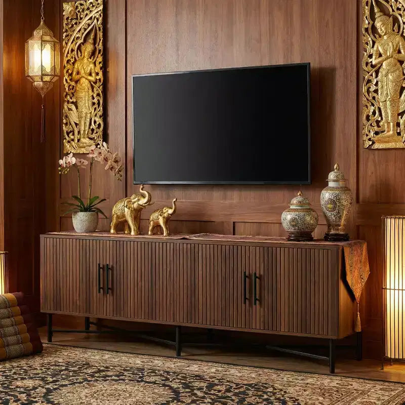 Mobile TV a 4 ante marrone con ripiani regolabili, adatto per TV fino a 65"