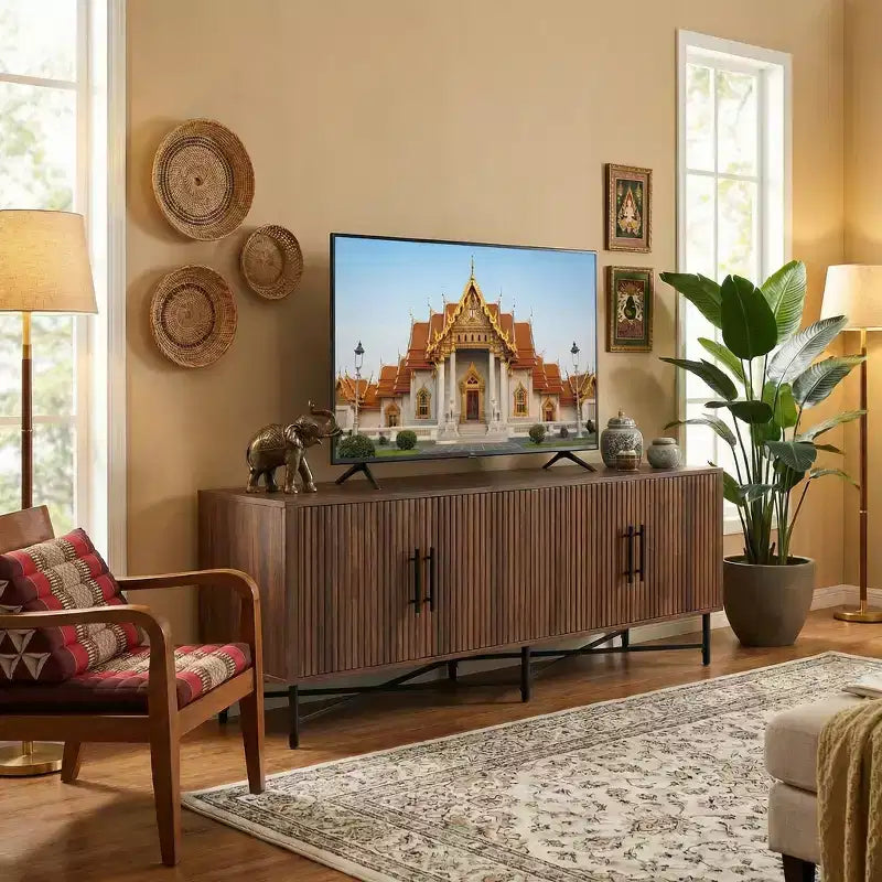Mobile TV a 4 ante marrone con ripiani regolabili, adatto per TV fino a 65"